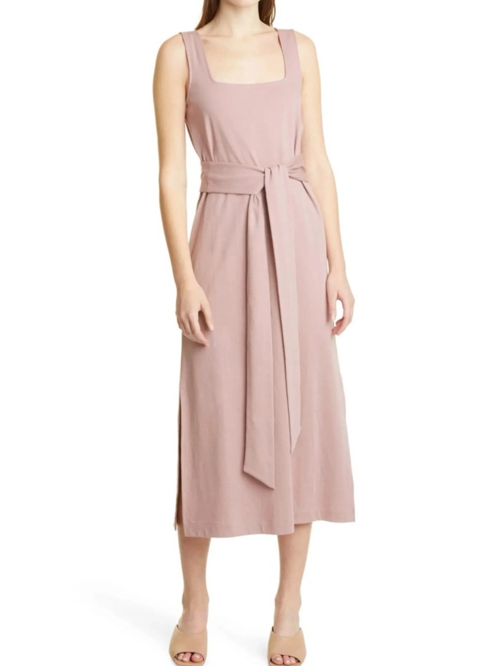 Vince Belted Square Neck Pima Cotton Stretchy Midi